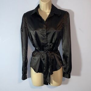 So Y2K 2000’s Black satin Pinstripe fitted Button-Up Blouse size small belted